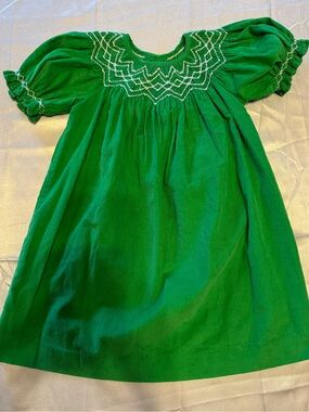 Mom & Me Girls Green Corduroy Puff Sleeve Embroidered w/ Pearl Detail Dress 9M